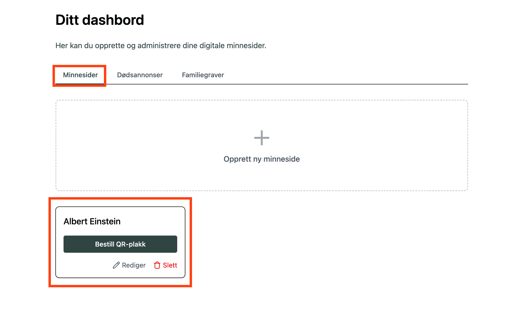 Finn minnesiden i dashbordet